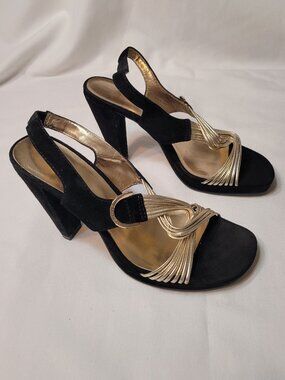 Calvin Klein Black Suede Gold Strappy Women Sandal Heel Sling Back Size 6